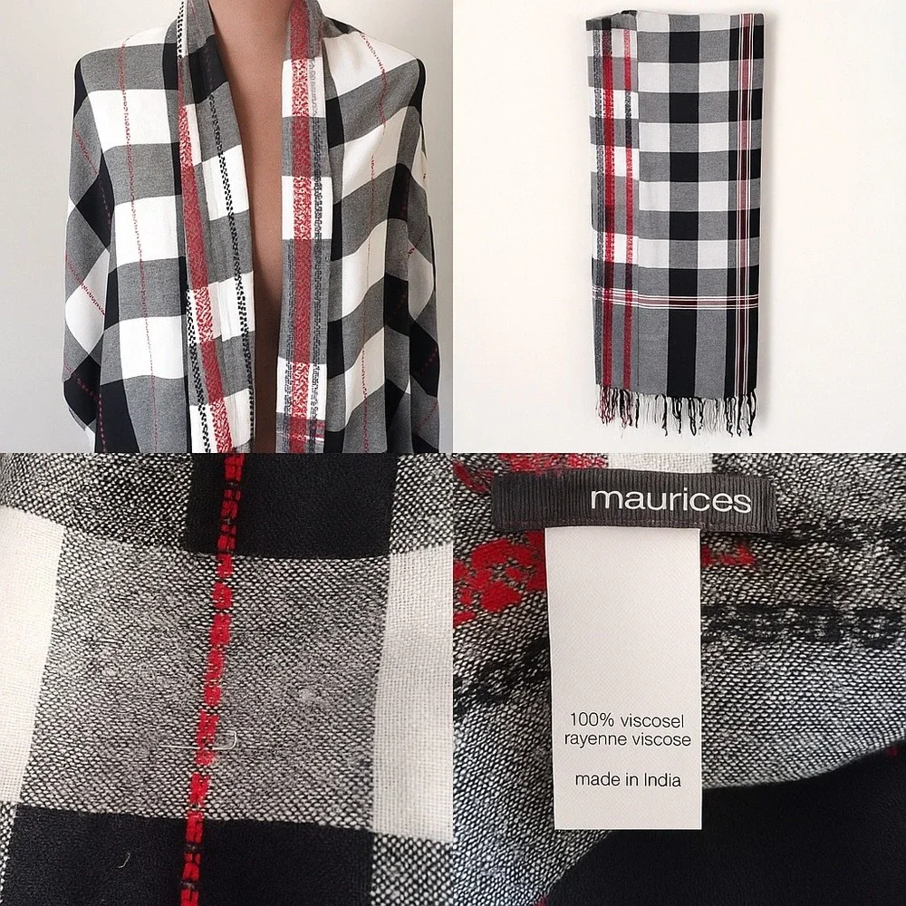 Maurice's‎ Women's Plaid Scarf Shawl Wrap Black White Red Fringe Viscose